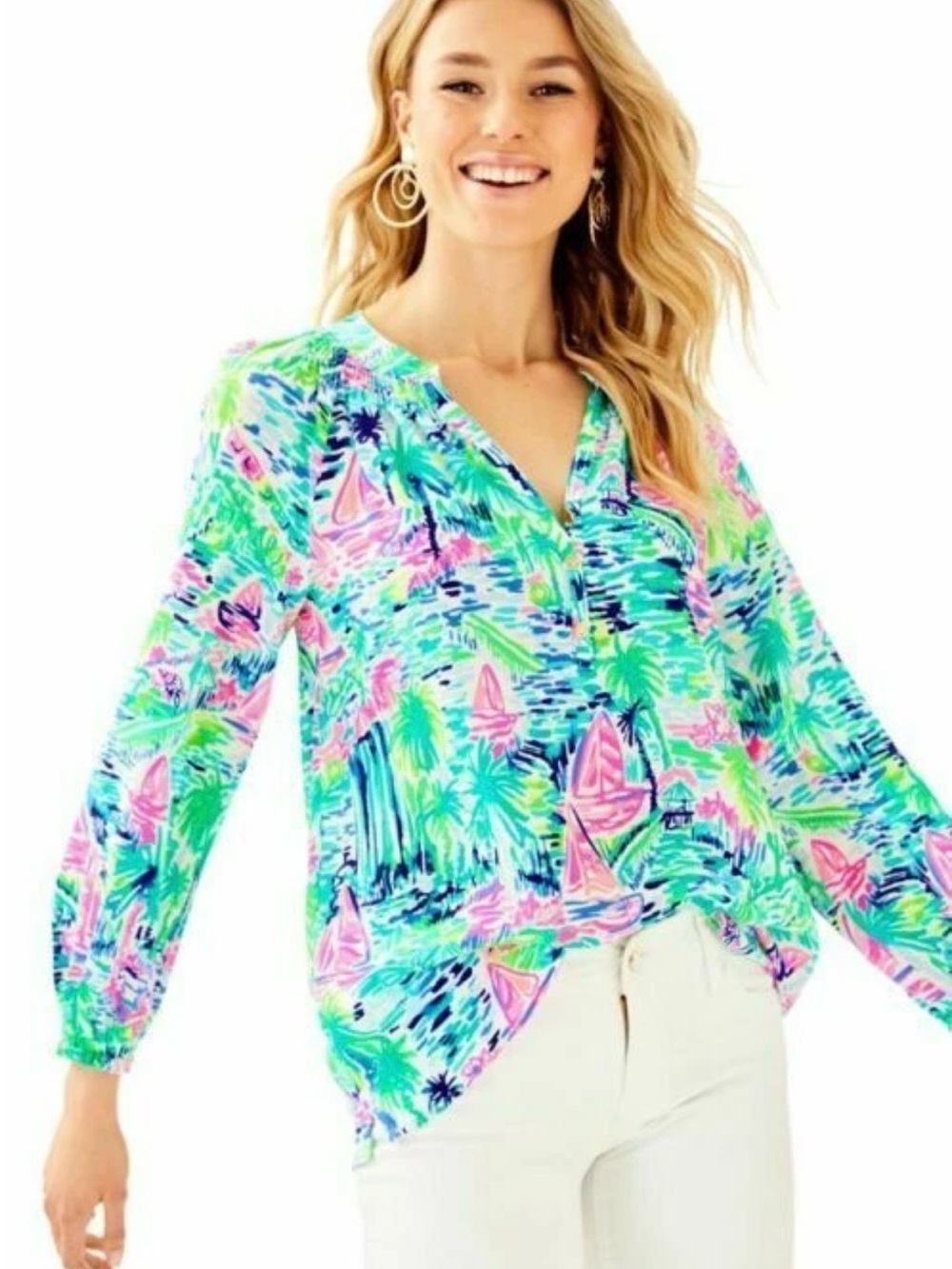 Lilly Pulitzer Women's Elsa Silk Blouse Multi Print Salt In The Air Size L